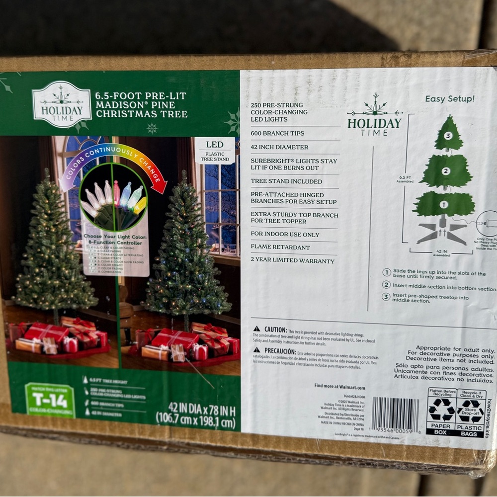 Holiday Time Pre-Lit Madison Pine Tree with LED Lights - 6.5 ft - NWT